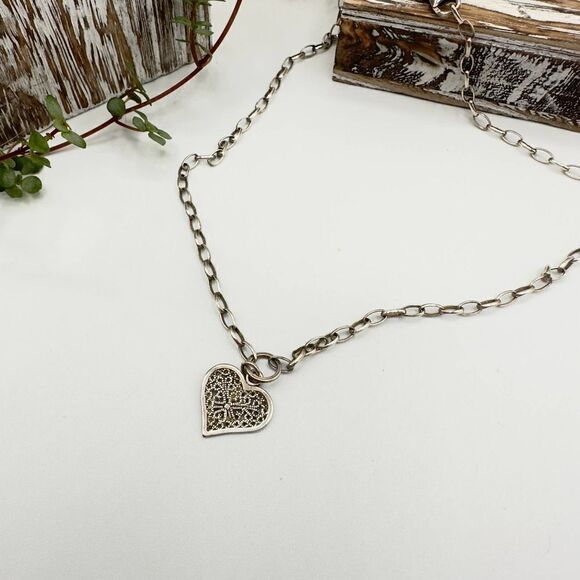 Vintage Sterling Silver Filigree Heart Necklace - Picture 2 of 5